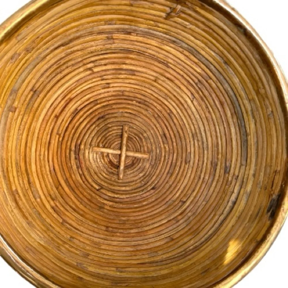 Vintage pencil reed basket with brass trim, handmade, could be polished